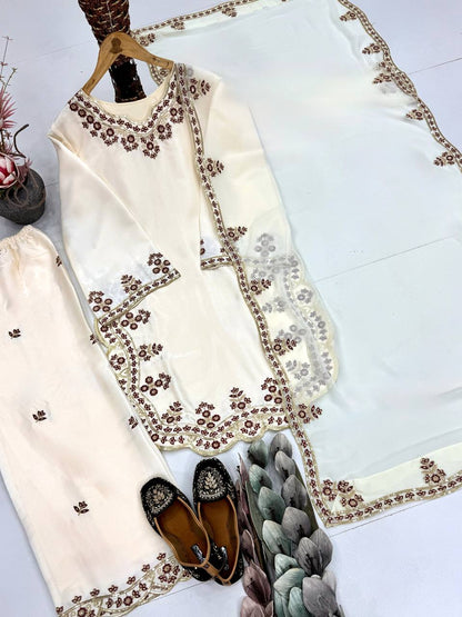 Alluring Cream Color Sequence Embroidered Palazoo Suit With Dupatta