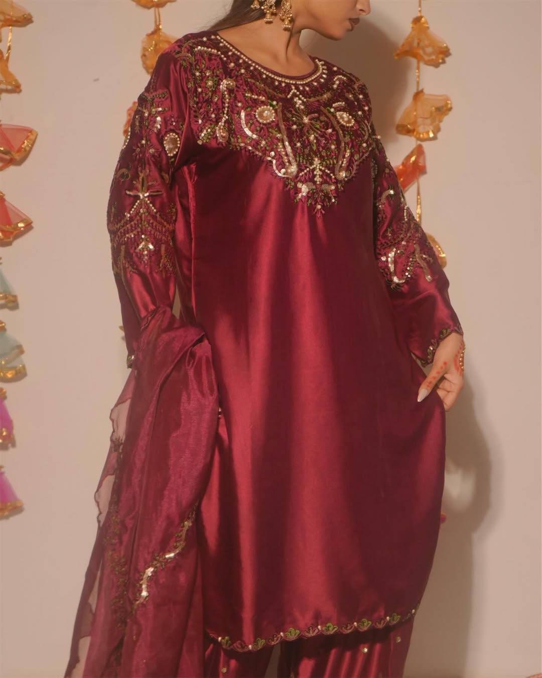 Opulent Maroon Color Sequence Embroidered Farshi Suit With Dupatta