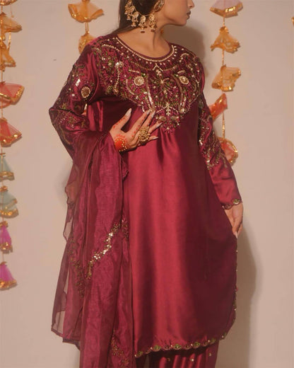 Opulent Maroon Color Sequence Embroidered Farshi Suit With Dupatta