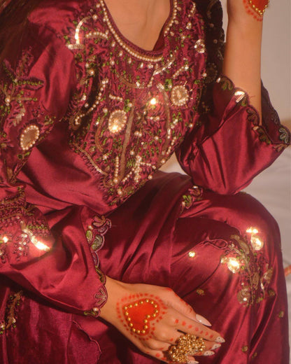 Opulent Maroon Color Sequence Embroidered Farshi Suit With Dupatta