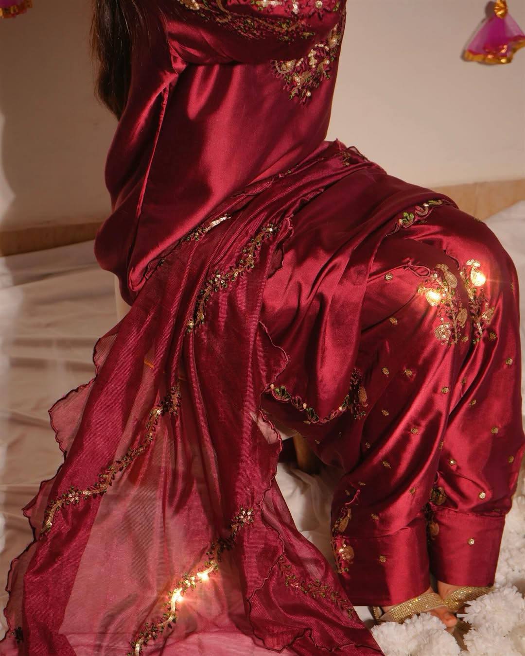 Opulent Maroon Color Sequence Embroidered Farshi Suit With Dupatta