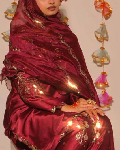 Opulent Maroon Color Sequence Embroidered Farshi Suit With Dupatta
