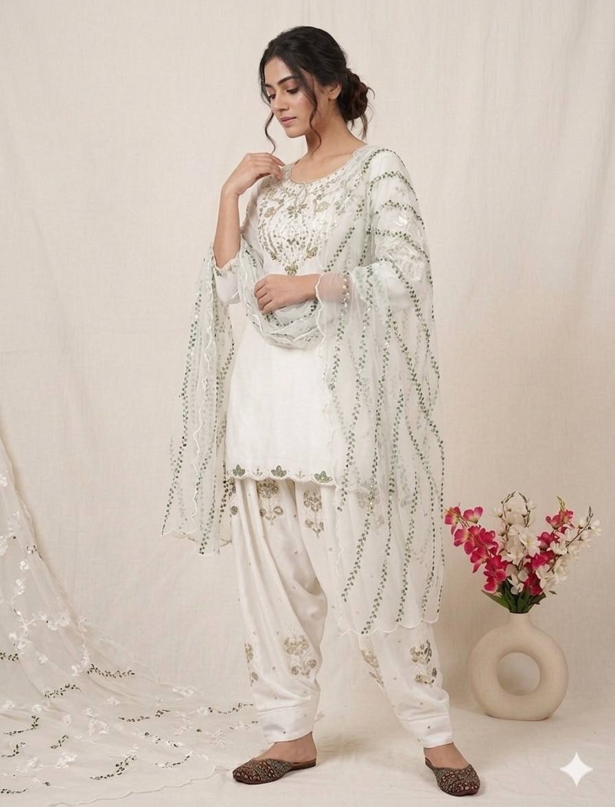 Occasion Wear White Color Sequence Embroidered Farshi Suit With Dupatta