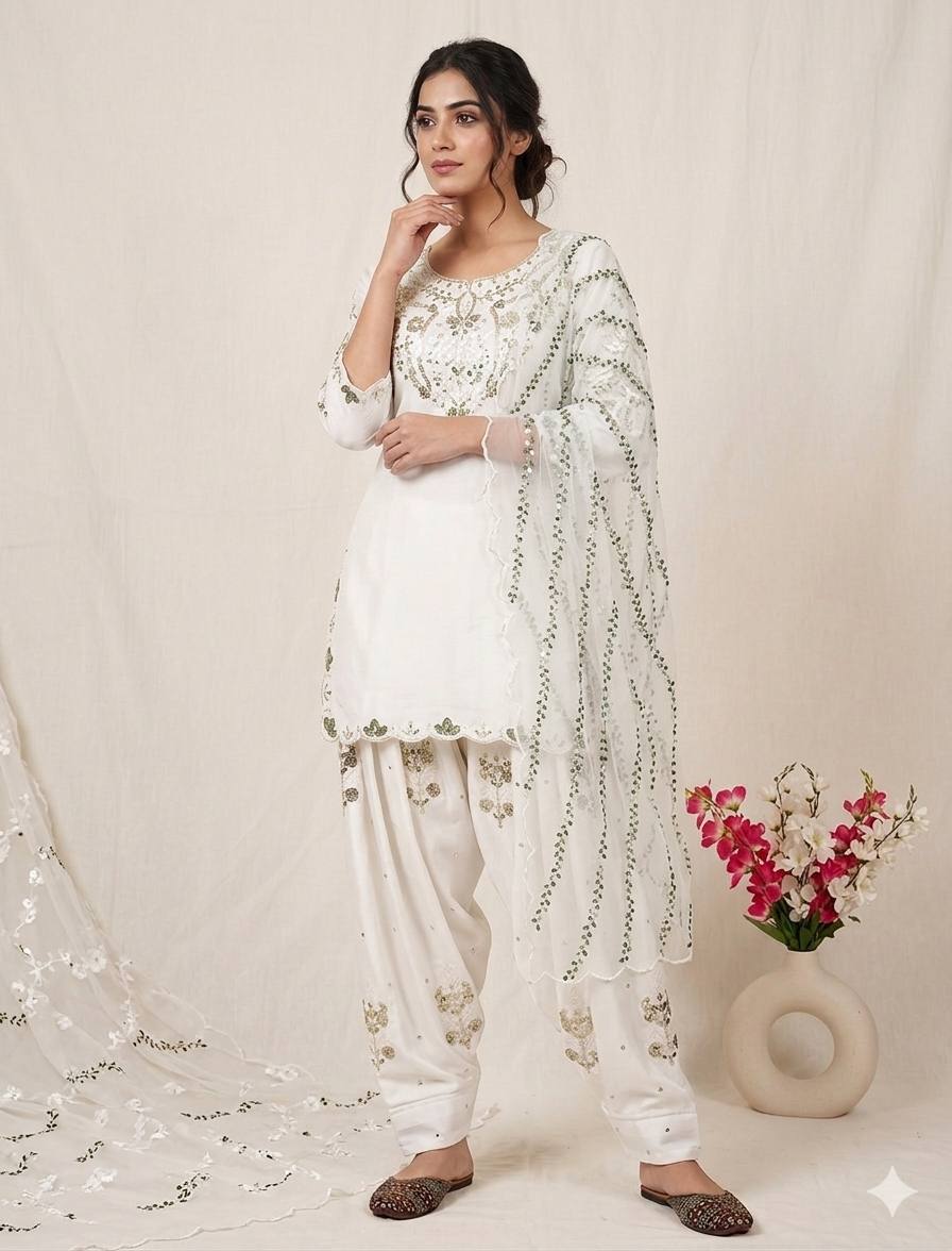 Occasion Wear White Color Sequence Embroidered Farshi Suit With Dupatta