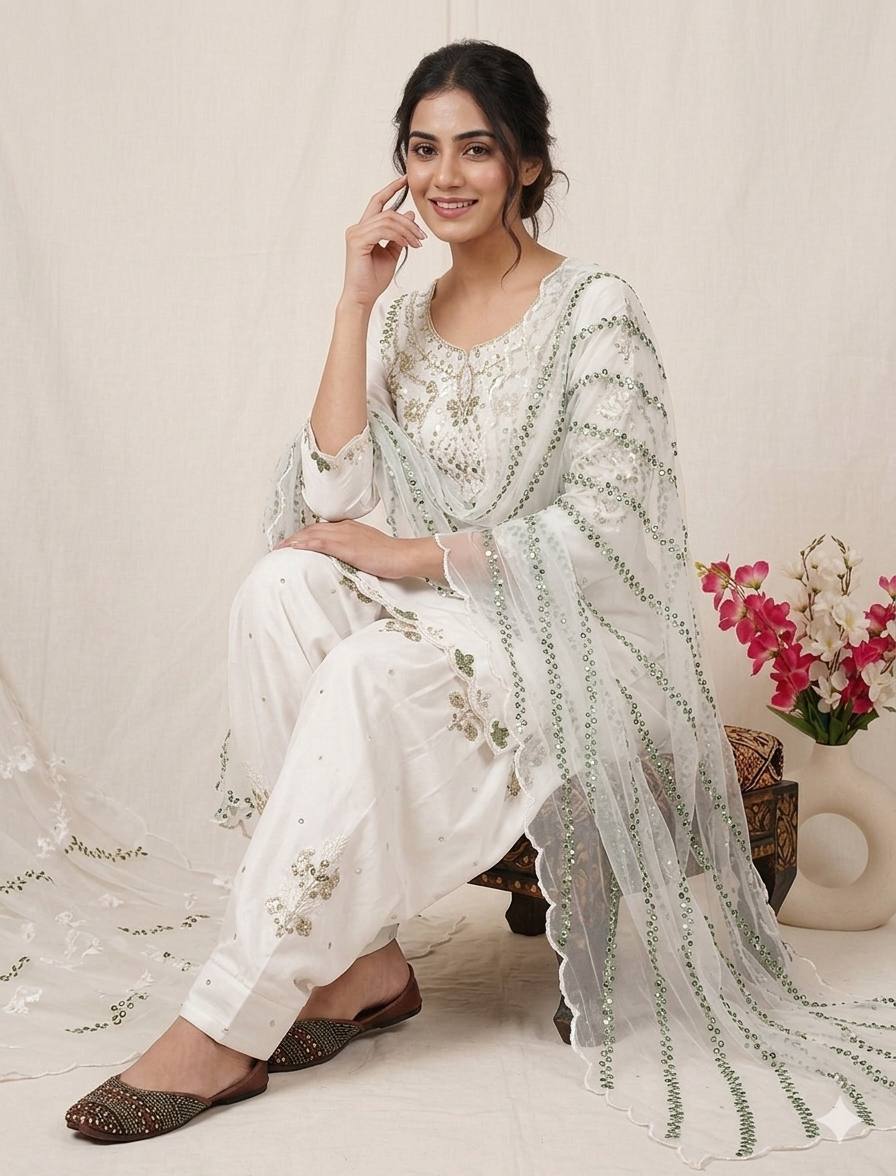 Occasion Wear White Color Sequence Embroidered Farshi Suit With Dupatta