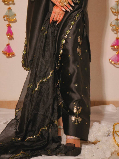 Trendy Black Color Sequence Embroidered Farshi Suit With Dupatta