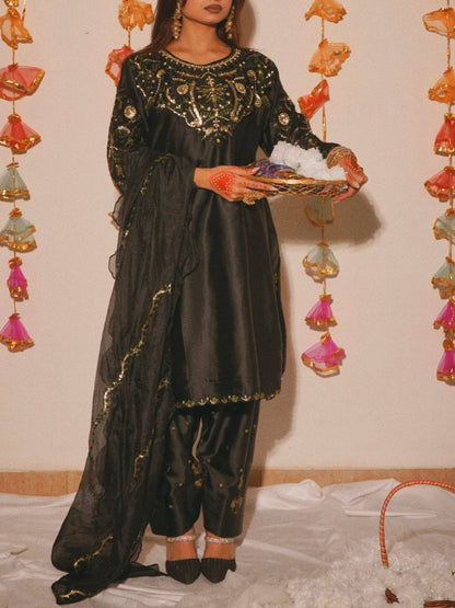 Trendy Black Color Sequence Embroidered Farshi Suit With Dupatta