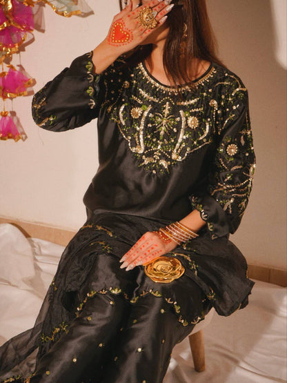 Trendy Black Color Sequence Embroidered Farshi Suit With Dupatta