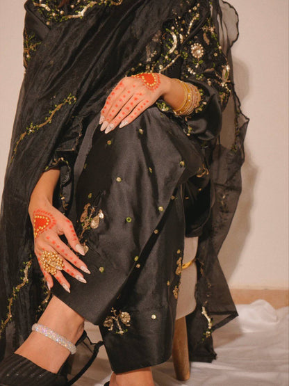 Trendy Black Color Sequence Embroidered Farshi Suit With Dupatta