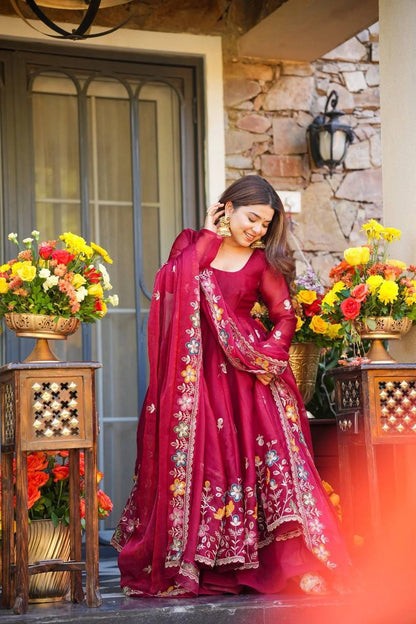Neha's Pink Color Designer Organza Hand Work Anarkali Gown Set