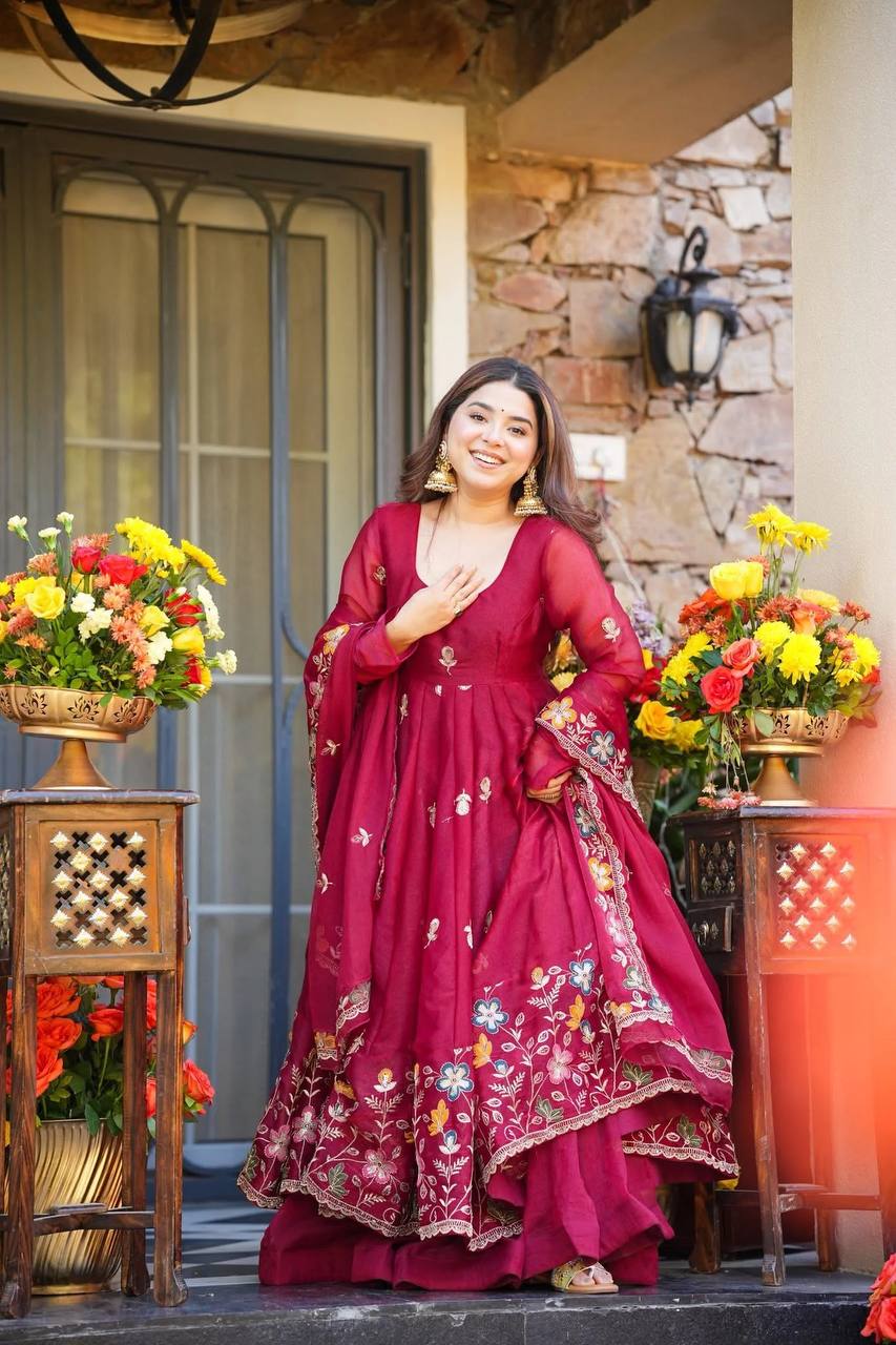 Neha's Pink Color Designer Organza Hand Work Anarkali Gown Set