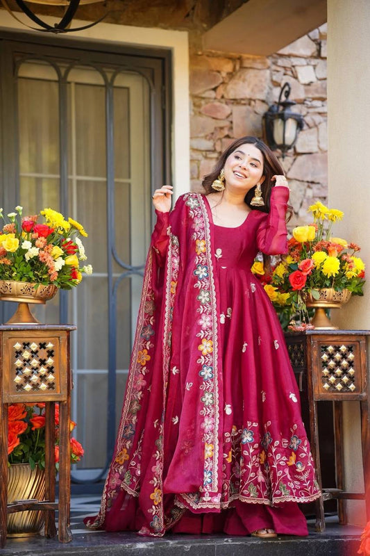 Neha's Pink Color Designer Organza Hand Work Anarkali Gown Set