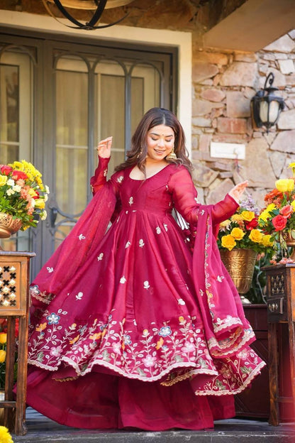 Neha's Pink Color Designer Organza Hand Work Anarkali Gown Set