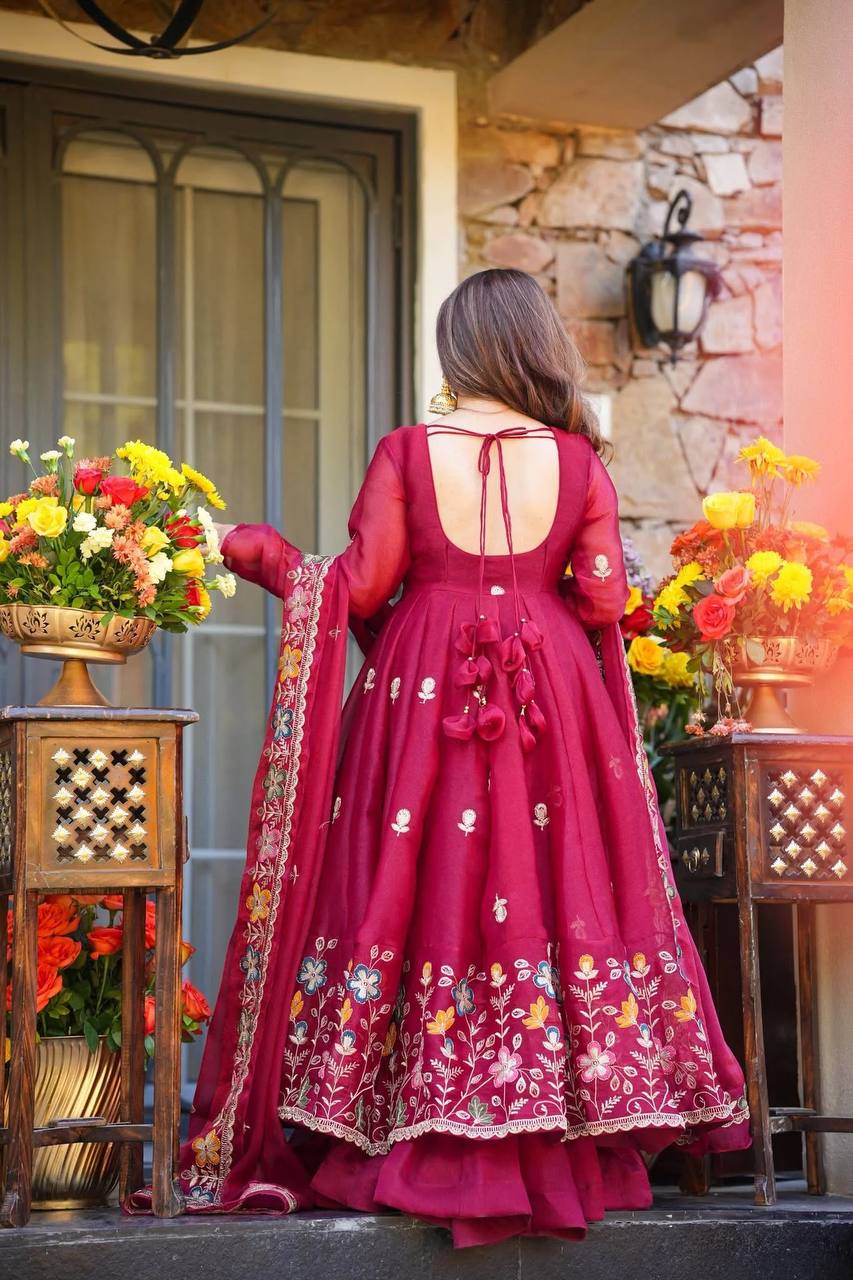 Neha's Pink Color Designer Organza Hand Work Anarkali Gown Set