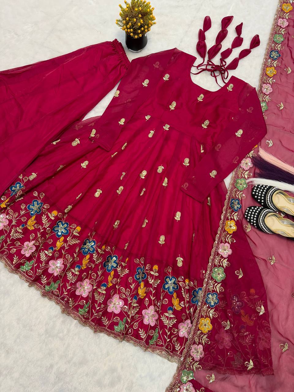 Neha's Pink Color Designer Organza Hand Work Anarkali Gown Set