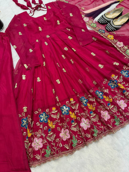 Neha's Pink Color Designer Organza Hand Work Anarkali Gown Set