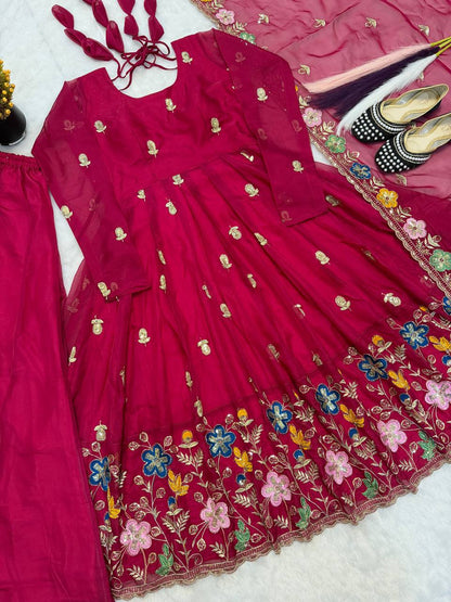 Neha's Pink Color Designer Organza Hand Work Anarkali Gown Set