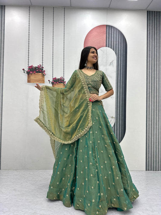 Festive Wear Green Color Sequence Heavy Embroidered Lehenga Choli
