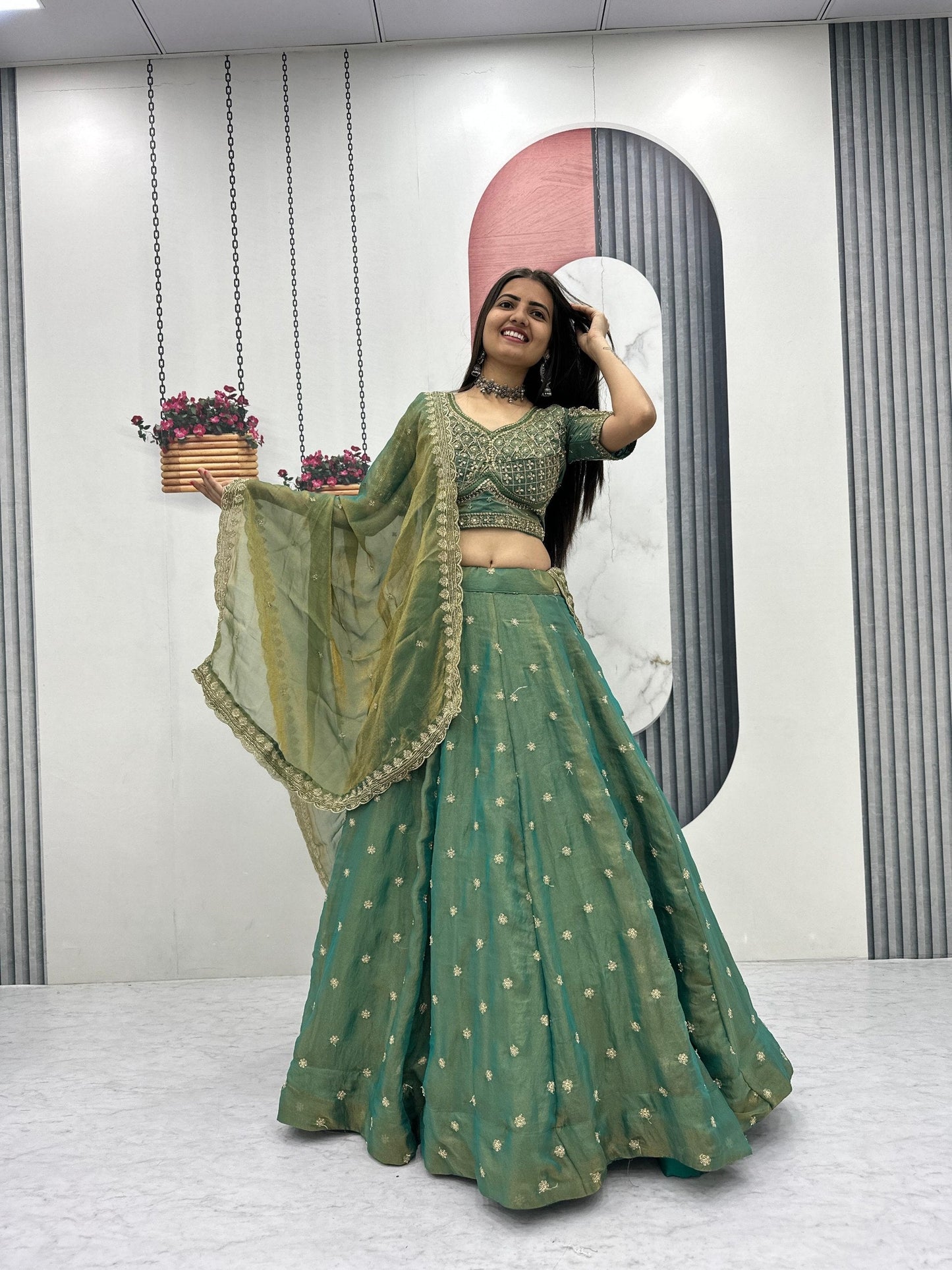 Festive Wear Green Color Sequence Heavy Embroidered Lehenga Choli