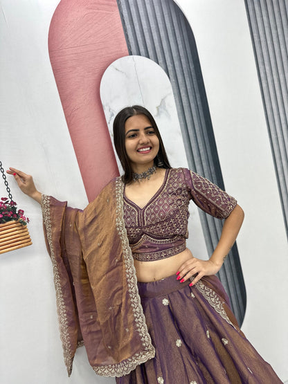 Wedding Wear Brown Color Sequence Heavy Embroidered Lehenga Set