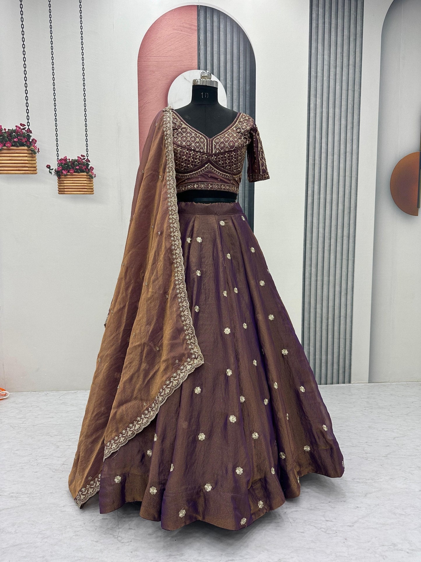 Wedding Wear Brown Color Sequence Heavy Embroidered Lehenga Set