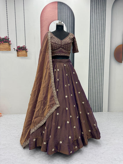 Wedding Wear Brown Color Sequence Heavy Embroidered Lehenga Set