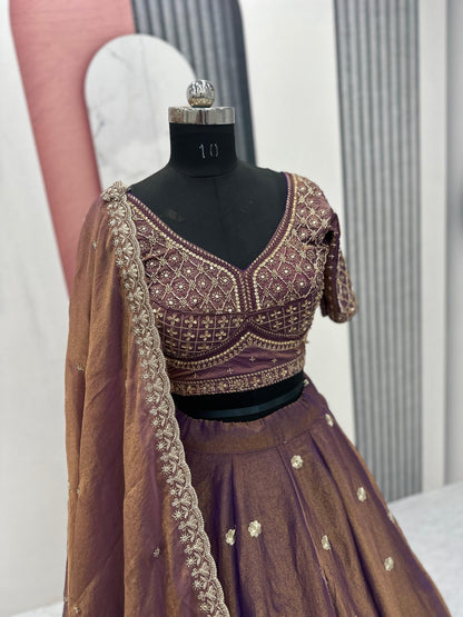 Wedding Wear Brown Color Sequence Heavy Embroidered Lehenga Set