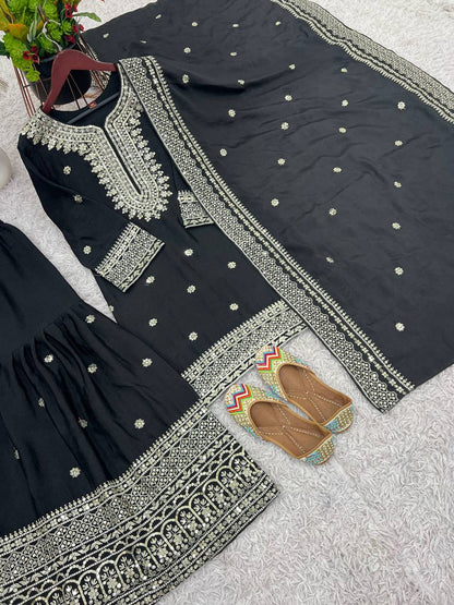 Function Wear Black Color Pure Heavy Chinon Silk With Embroidery And 5mm Sequence Work Sharara Suit