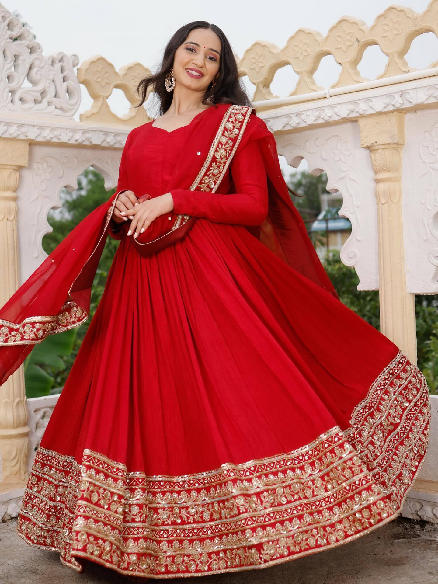Designer Red Color Georgette Anarkali Gown Set