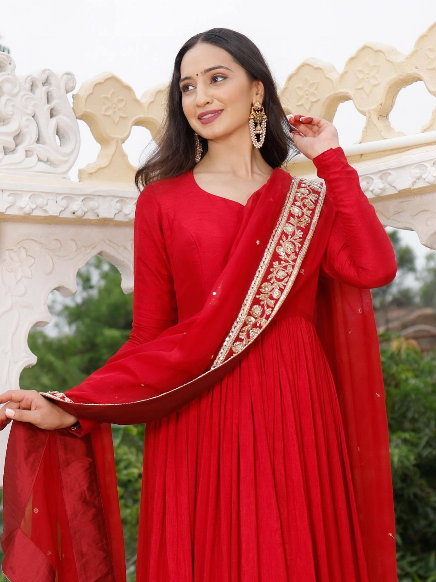 Designer Red Color Georgette Anarkali Gown Set