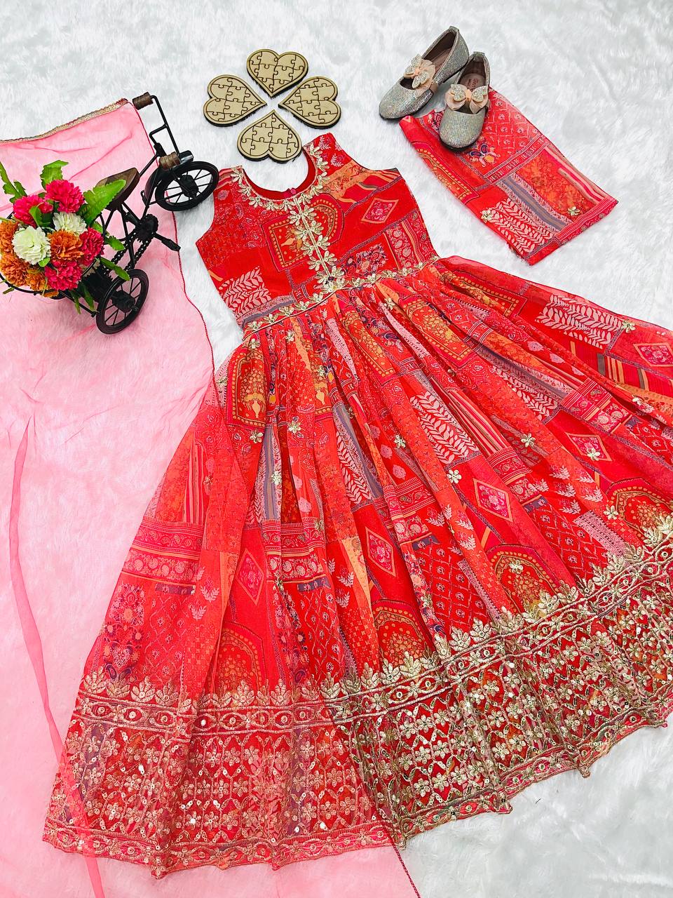 Designer Orange Color Heavy Fox Georgette Embroidered Siqunce Work Gown