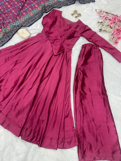 Party Wear Wine Color Designer Chinnon Silk Anarkali Palazzo Suit