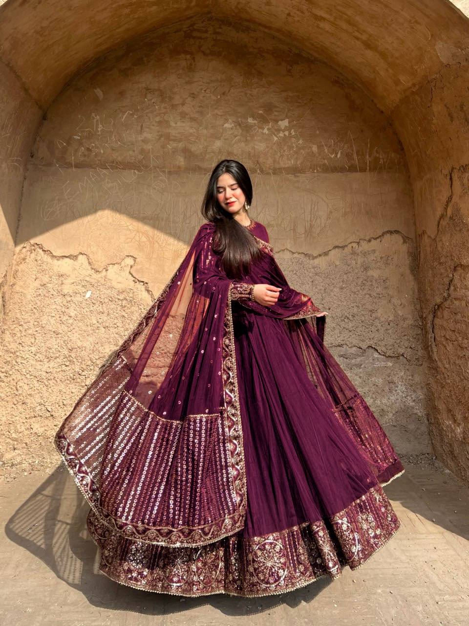 Graceful Maroon Color Sequence Gown With Dupatta