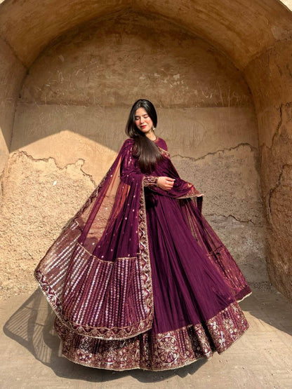 Graceful Maroon Color Sequence Gown With Dupatta