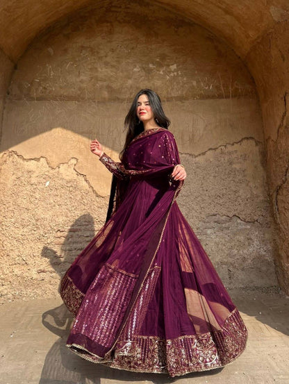 Graceful Maroon Color Sequence Gown With Dupatta