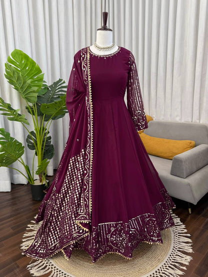 Graceful Maroon Color Sequence Gown With Dupatta