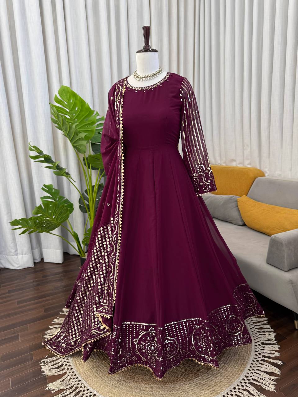 Graceful Maroon Color Sequence Gown With Dupatta
