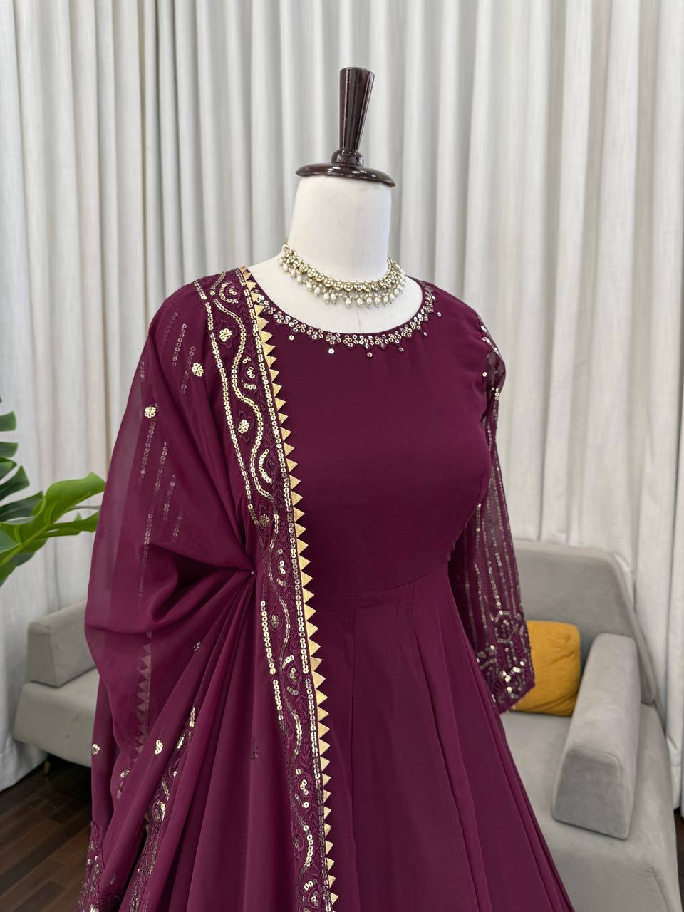 Graceful Maroon Color Sequence Gown With Dupatta