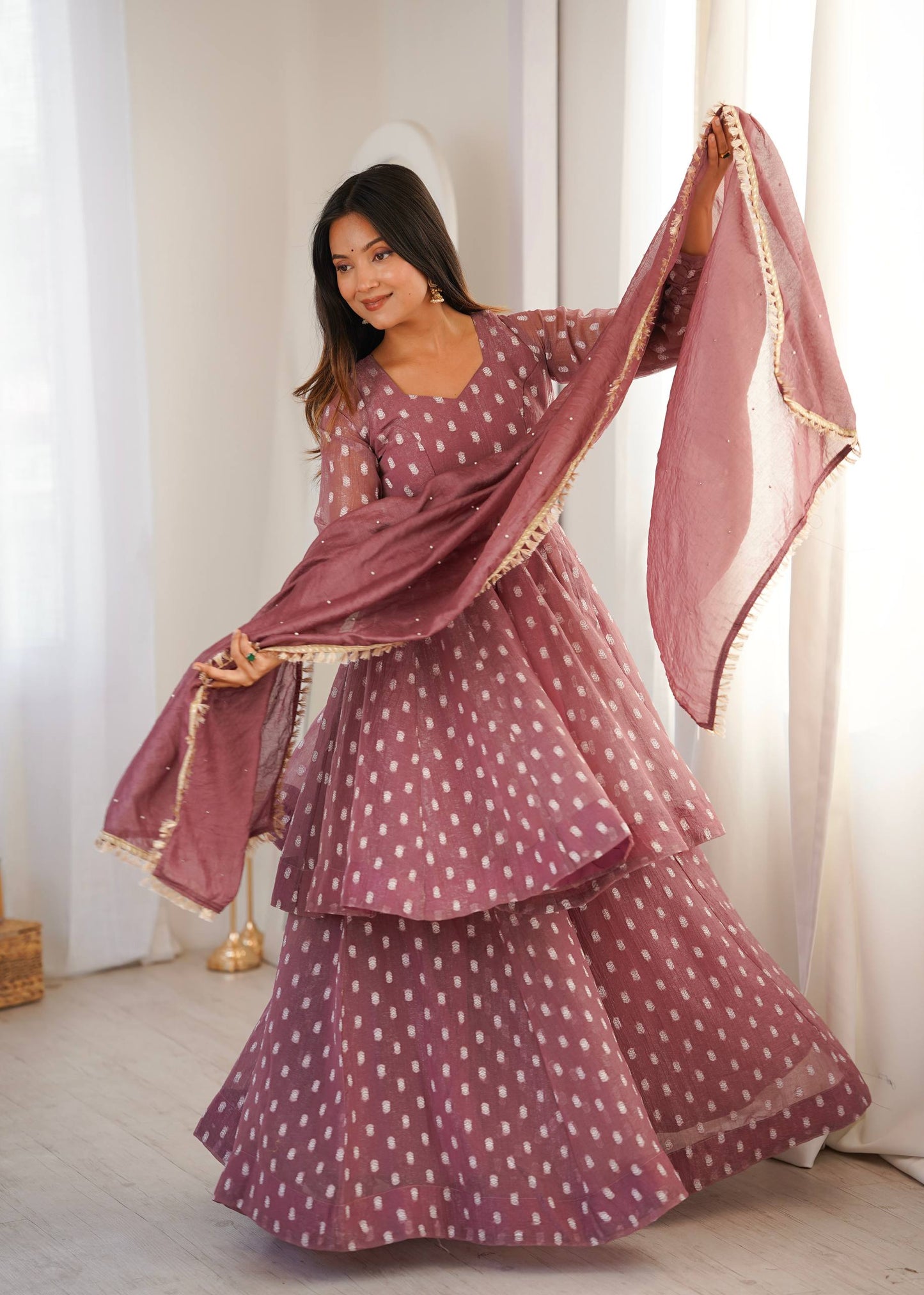 Arti Chuahan Wear Pink Color Heavy Crunchy Silk Sharara Suit With Dupatta