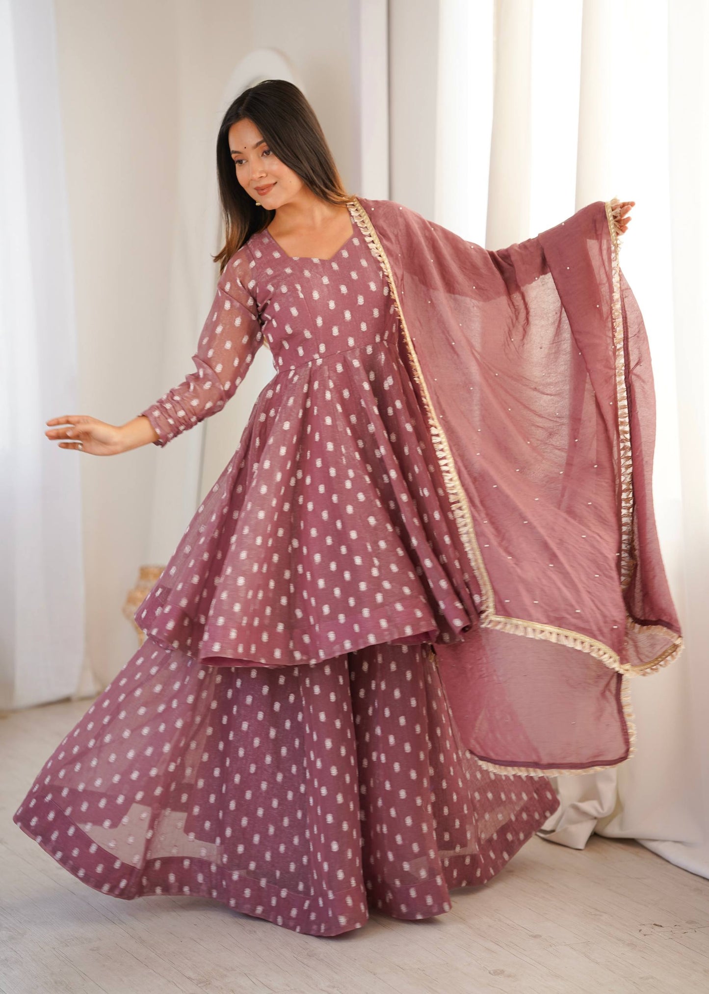 Arti Chuahan Wear Pink Color Heavy Crunchy Silk Sharara Suit With Dupatta