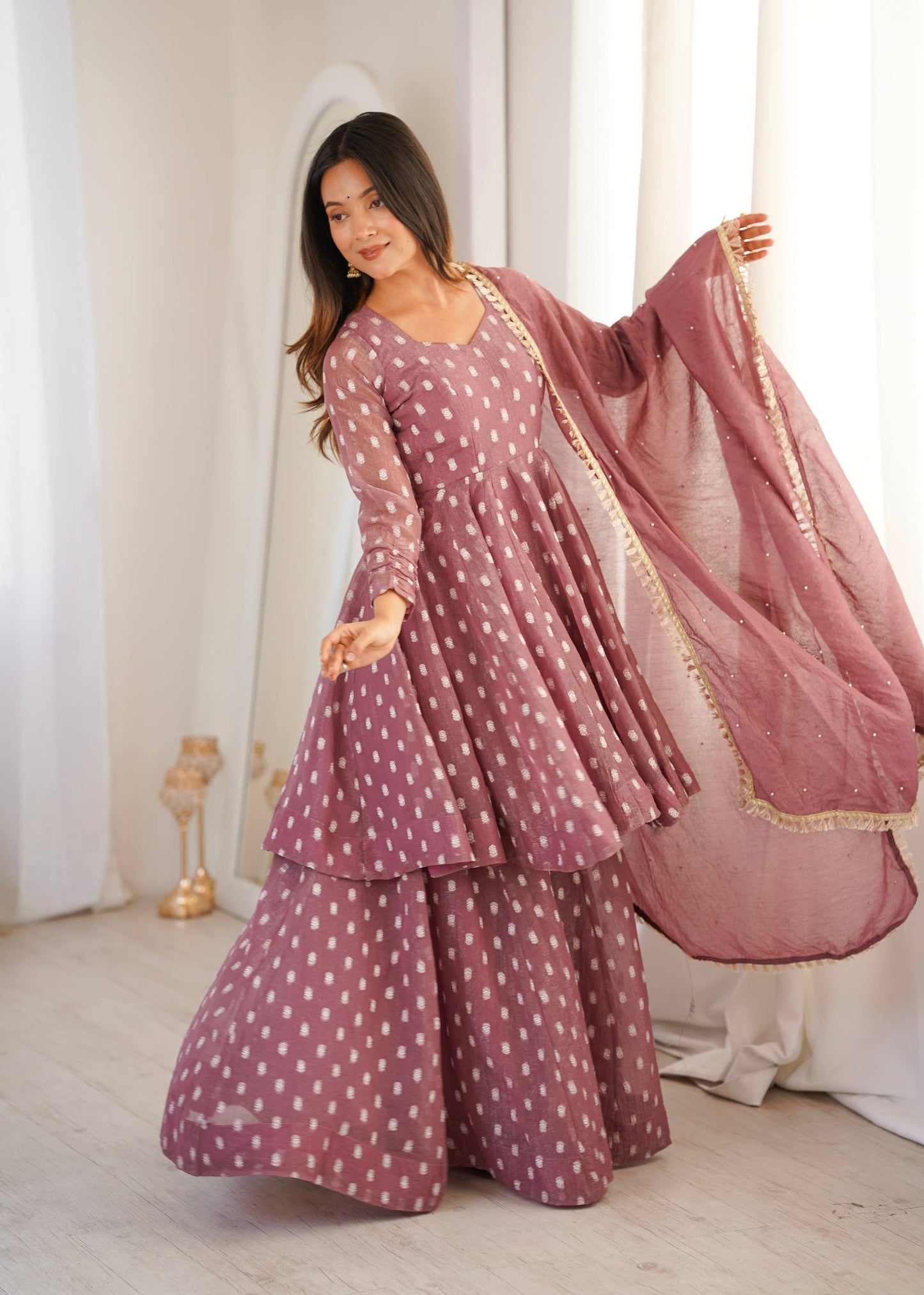 Arti Chuahan Wear Pink Color Heavy Crunchy Silk Sharara Suit With Dupatta