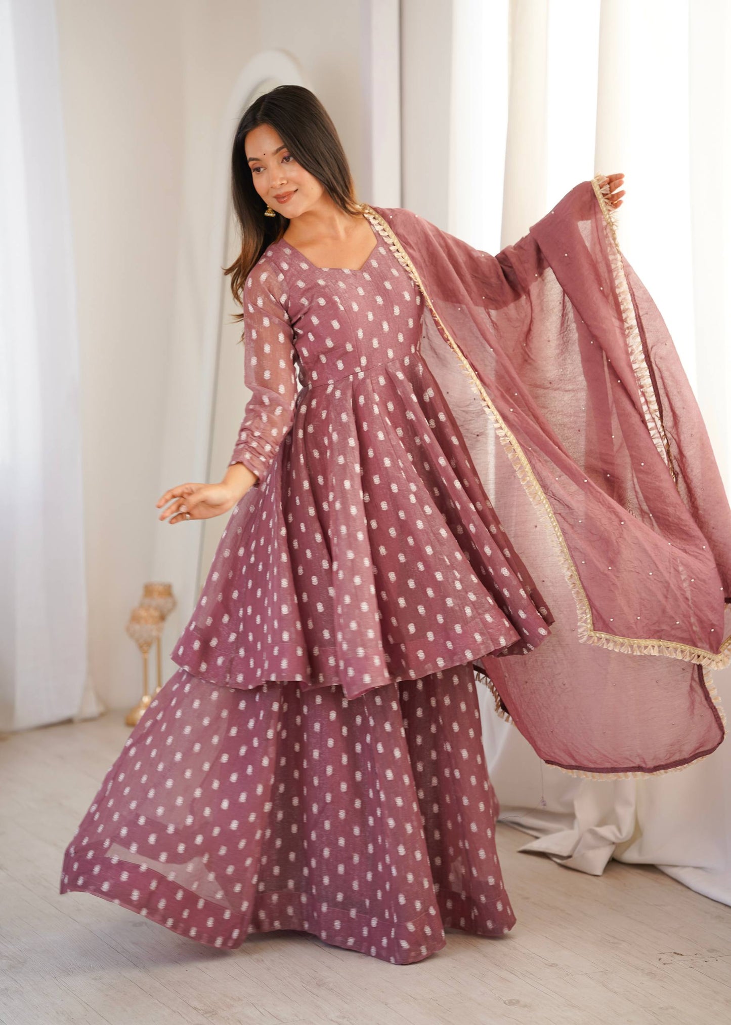 Arti Chuahan Wear Pink Color Heavy Crunchy Silk Sharara Suit With Dupatta