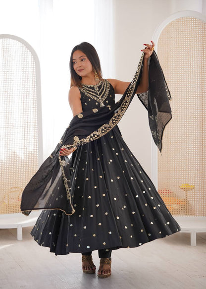 Wedding Wear Grey Color Sequence Embroidered Anarkali Suit With Dupatta