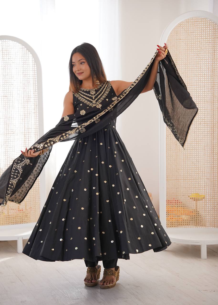 Wedding Wear Grey Color Sequence Embroidered Anarkali Suit With Dupatta