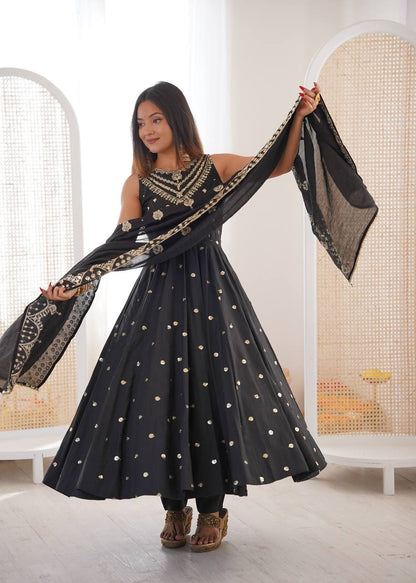 Wedding Wear Grey Color Sequence Embroidered Anarkali Suit With Dupatta