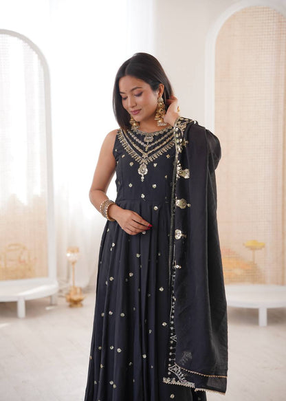 Wedding Wear Grey Color Sequence Embroidered Anarkali Suit With Dupatta