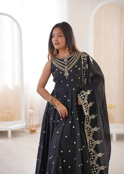 Wedding Wear Grey Color Sequence Embroidered Anarkali Suit With Dupatta