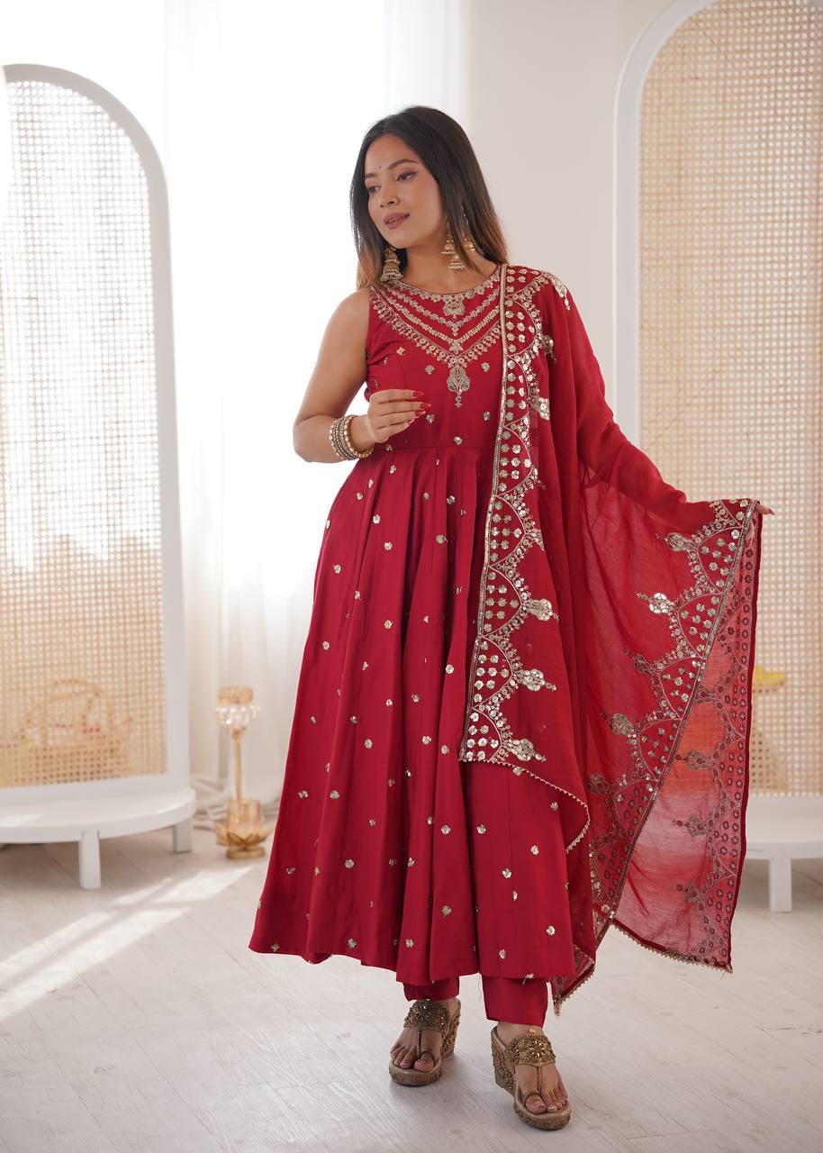 Party Wear Red Color Sequence Embroidered Anarkali Suit With Dupatta