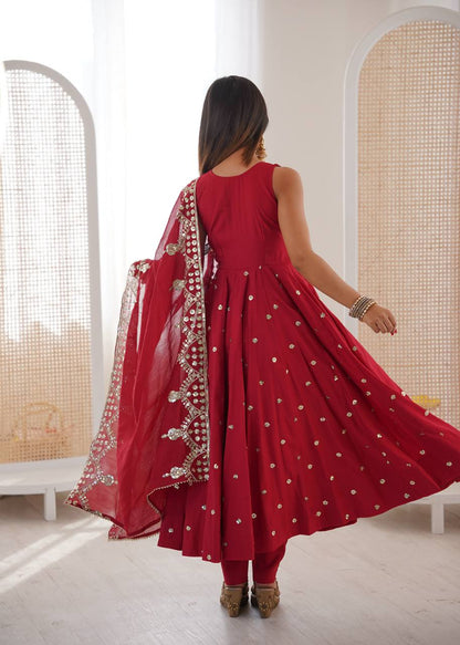 Party Wear Red Color Sequence Embroidered Anarkali Suit With Dupatta