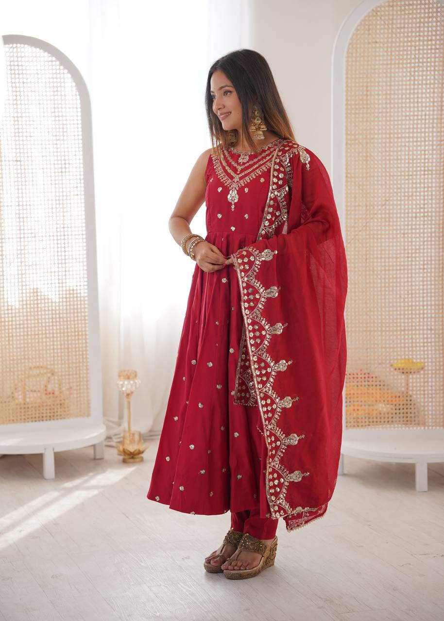 Party Wear Red Color Sequence Embroidered Anarkali Suit With Dupatta
